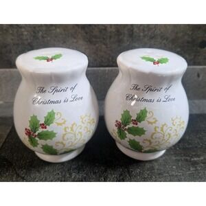Vintage Atico The Spirit Of Christmas Is Love Holly Design Salt & Pepper Shakers